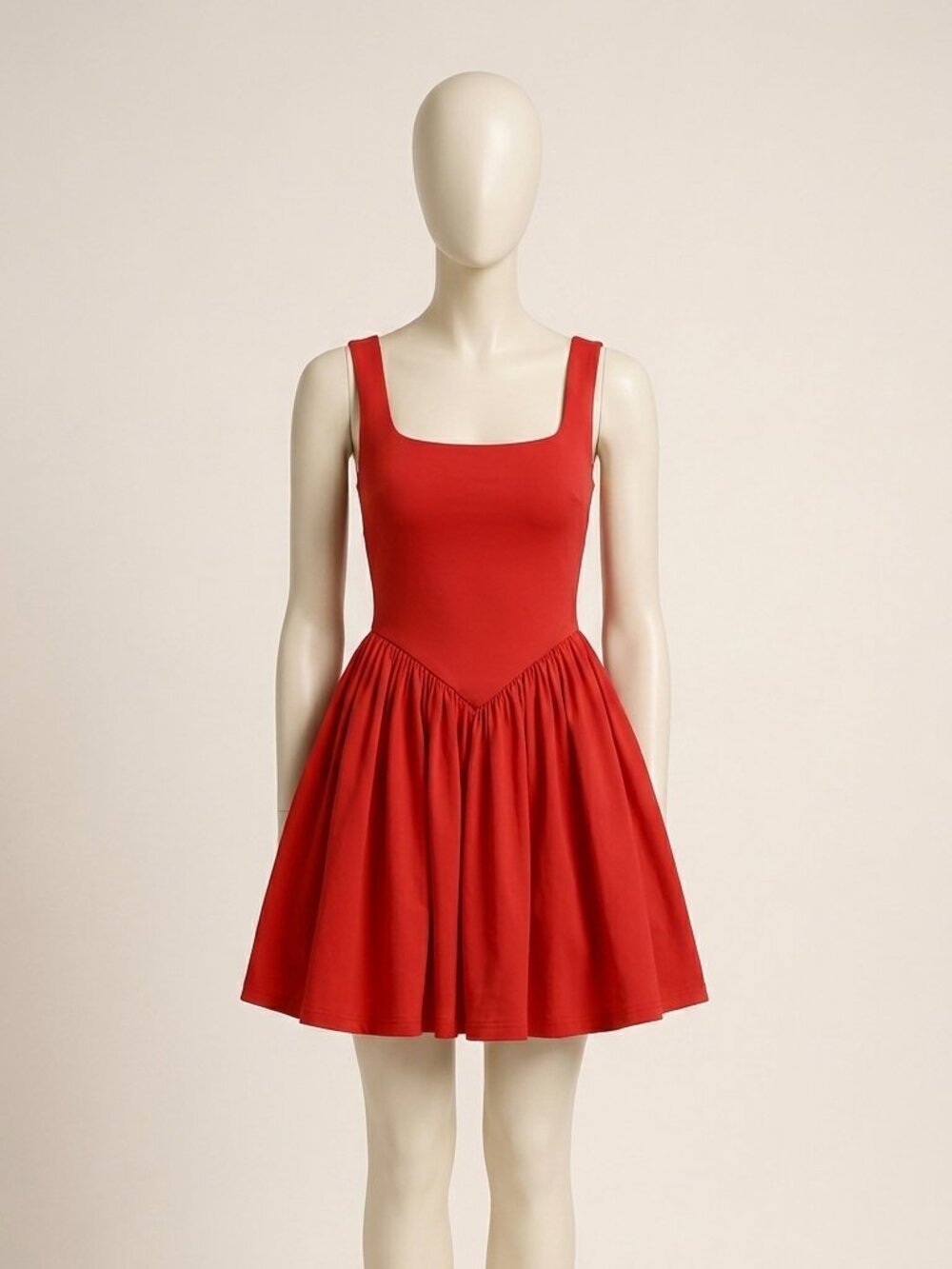 OYS Red Square Neck A-Line Mini Dress Sleeveless Ruffle Hem Pockets S
